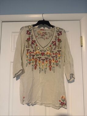 Johnny Was Cream Embroidered V-Neck Tunic with Multicolor Floral Accents